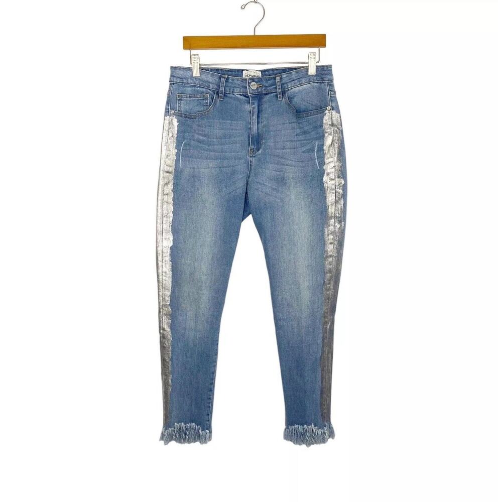 For The Republic Pants 6 Blue Skinny Silver Tuxedo Ankle Jeans Destroyed Raw Hem